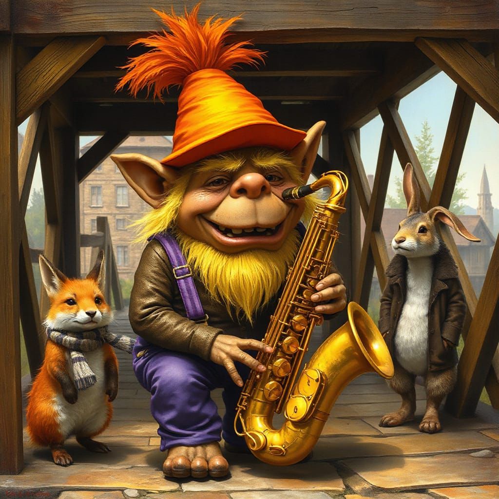 Funny Troll Plays Saxophone for Animal Friends