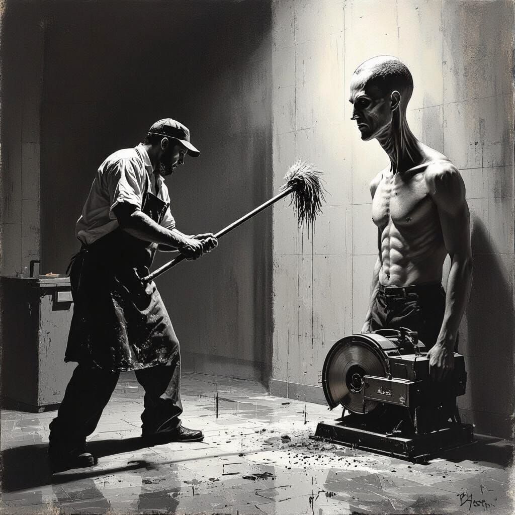 Gritty Janitor Attacks Man with Long Neck and Wet Saw