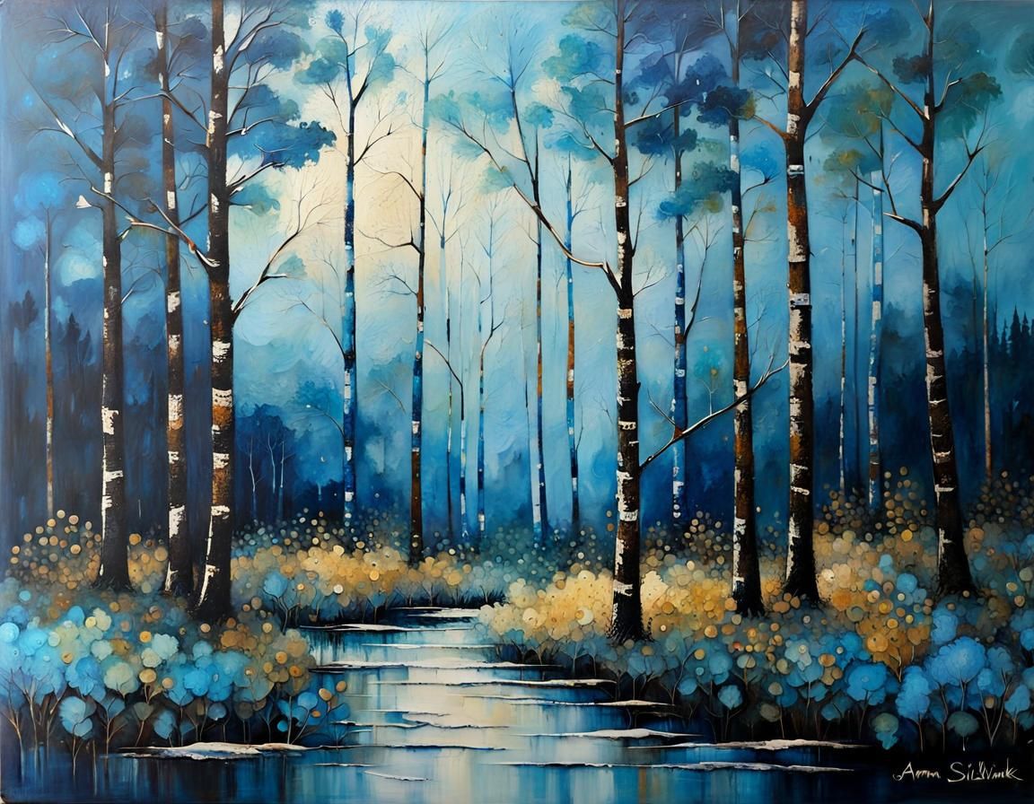 Blue Forest Scene in Encaustic Painting Style
