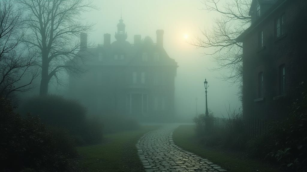 Victorian Manor in Ethereal Mist at Dawn