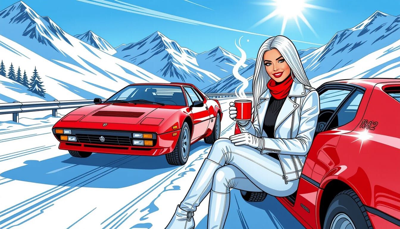 Snowy Mountain Roadside Stop with Platinum Blonde