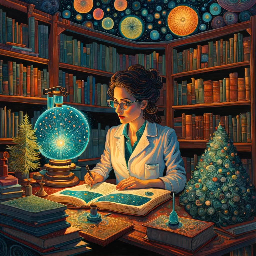 Scientist in Bioluminescent Lab, Iridescent Geometric Art