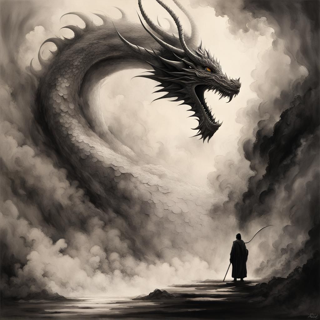 Epic Dragon Confrontation in Ink Wash Style