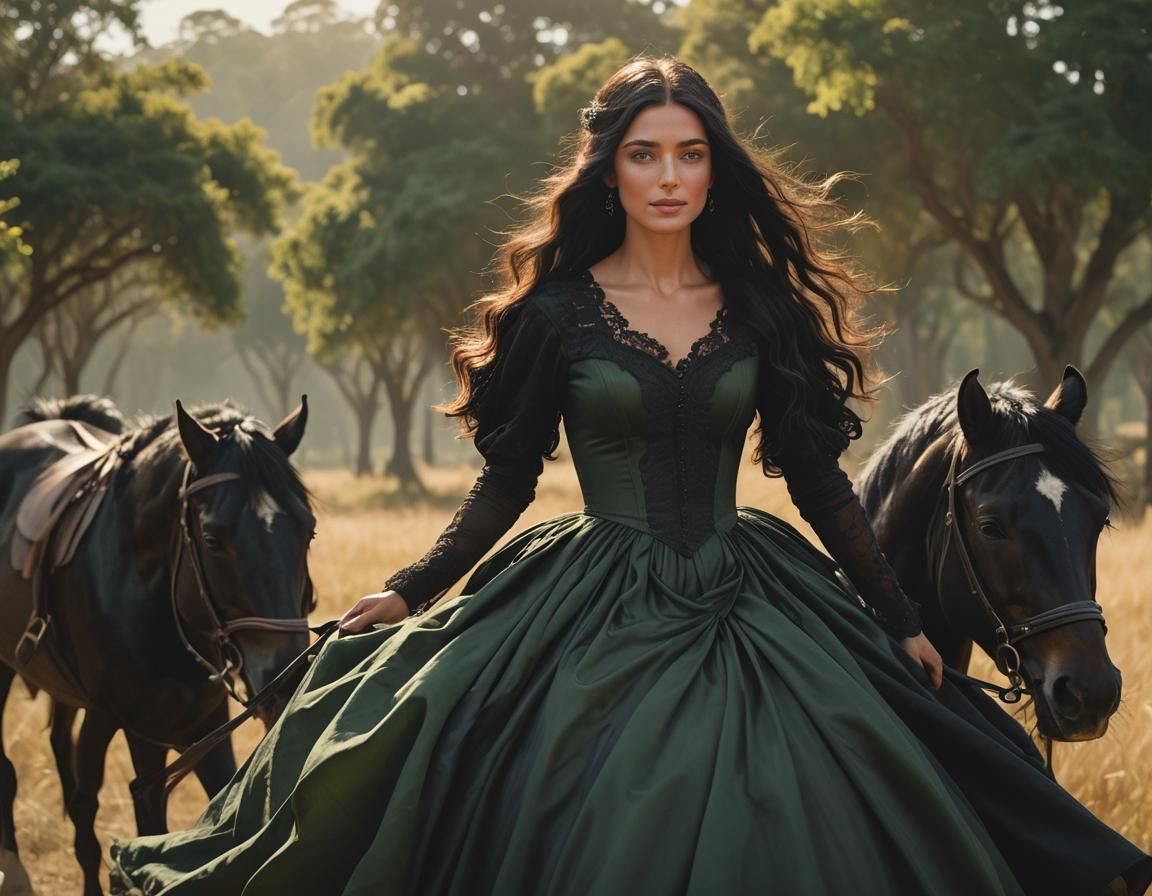 Victorian Woman Riding Horse in Colombian Plains