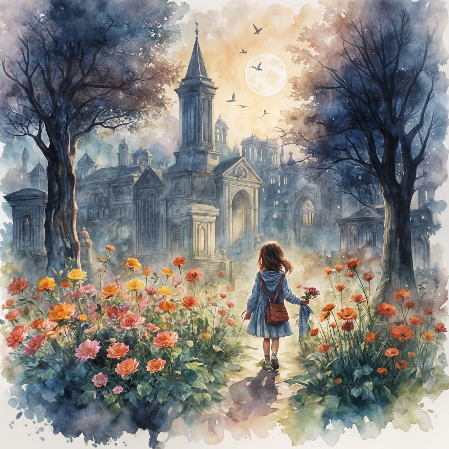Girl in Moonlit Park, Haunting Watercolor