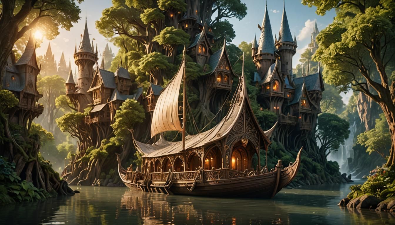 Luxurious Elven Boat on Serene River: Photography