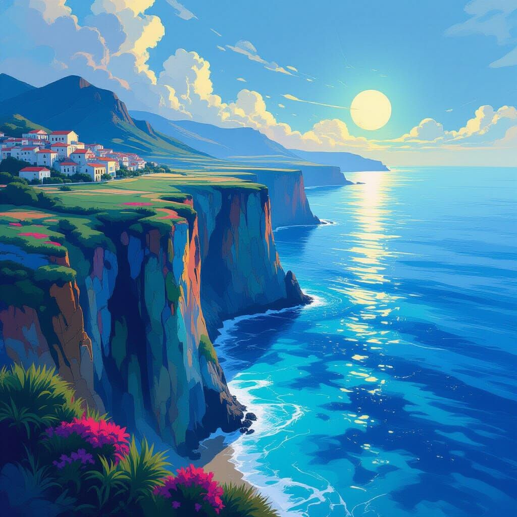 Fantastical Clifftop Overlooking Deep Blue Sea Matte Paintin...