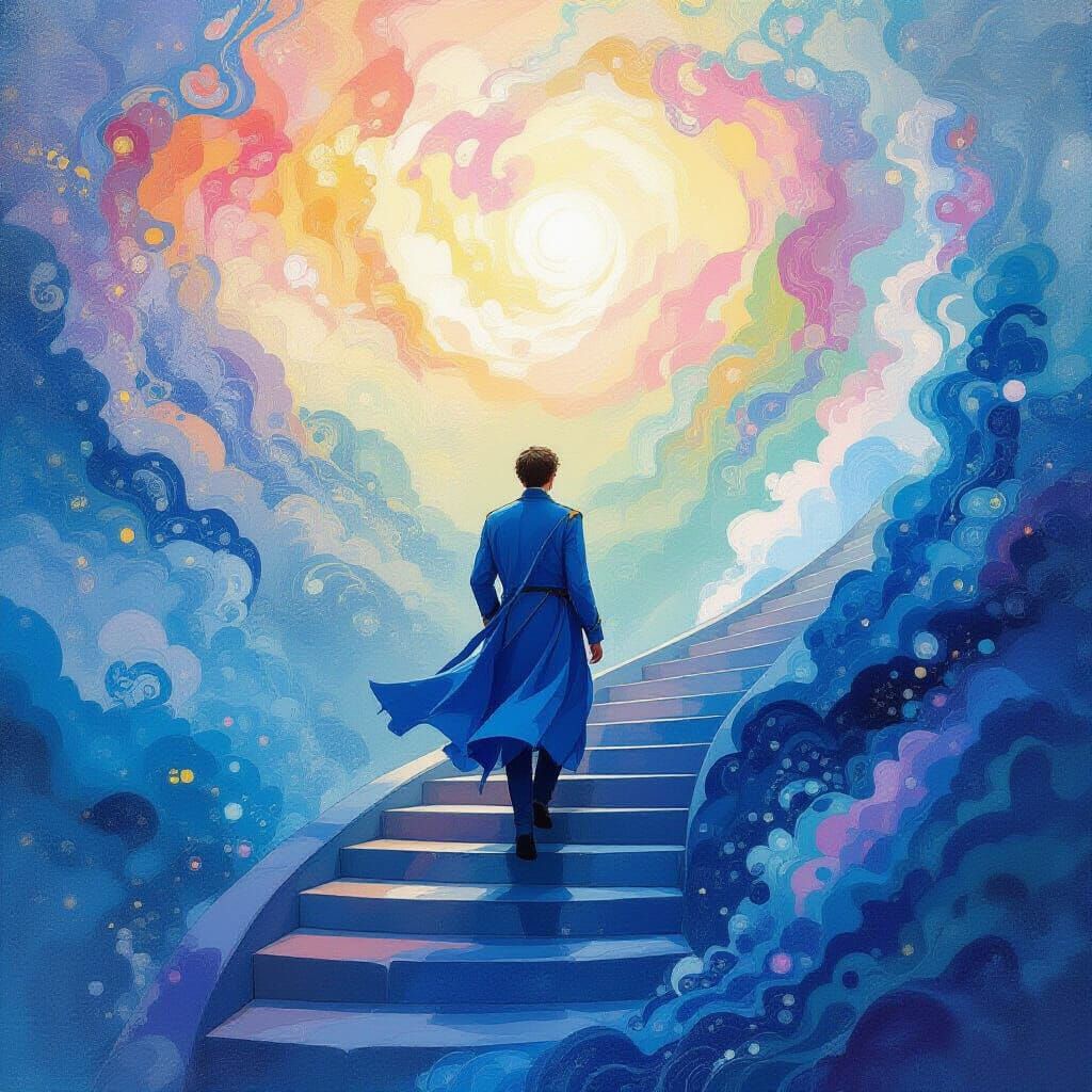Mystical Figure Ascends Watercolor Staircase