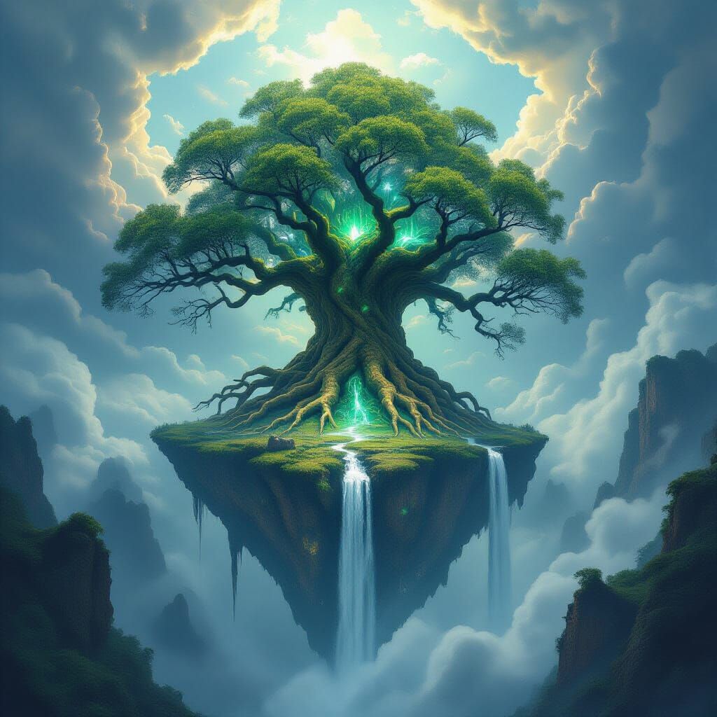 Ancient Tree Grips Floating Island with Skeletal Roots