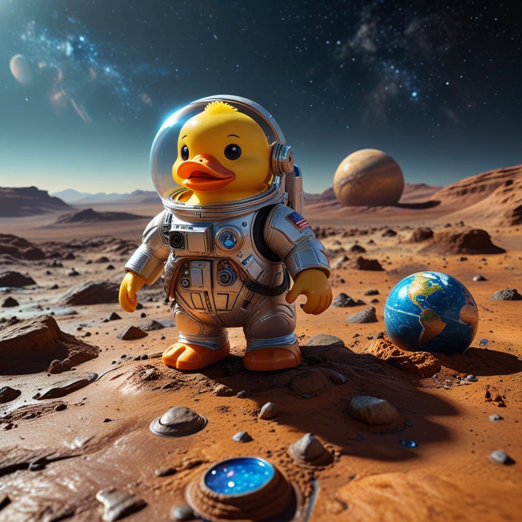 Rubber Duck dressed as an astronaut on the  surface of Mars, with the earth in the distance as an observable background