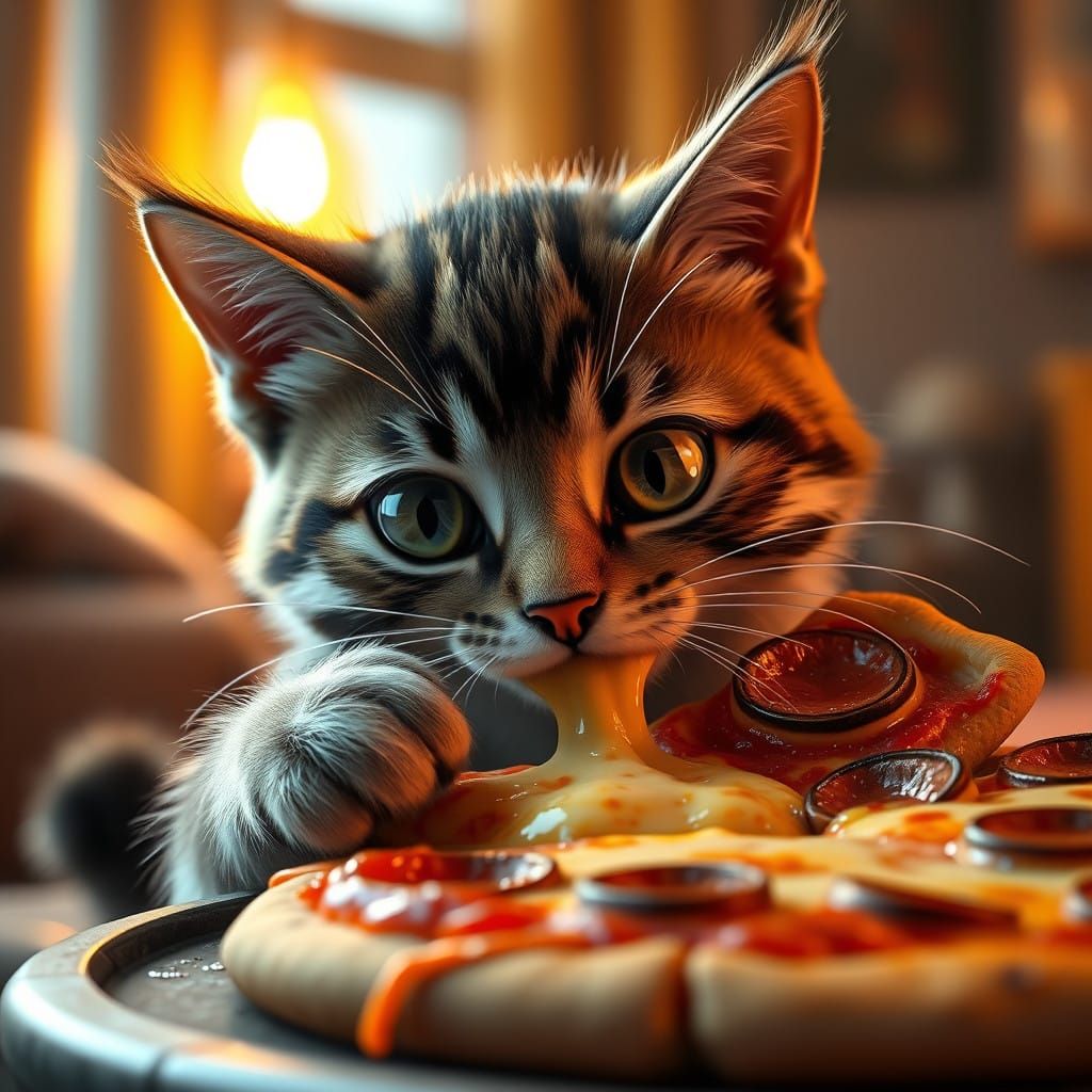 Cute Cat Secretly Devours a Savory Pizza in Warm Cozy Settin...