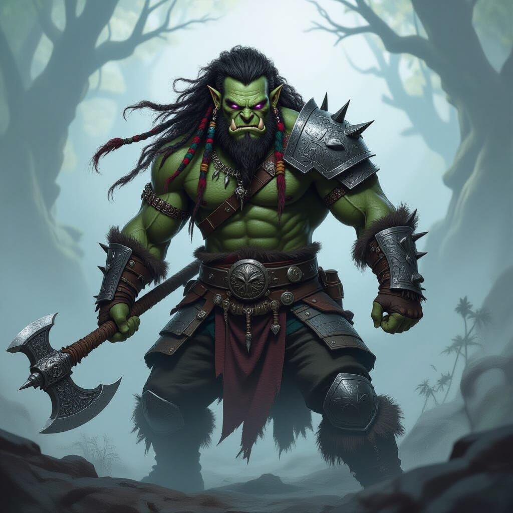 Kragoth Vex Gravesong: Muscular Half-Orc Warrior in Mist