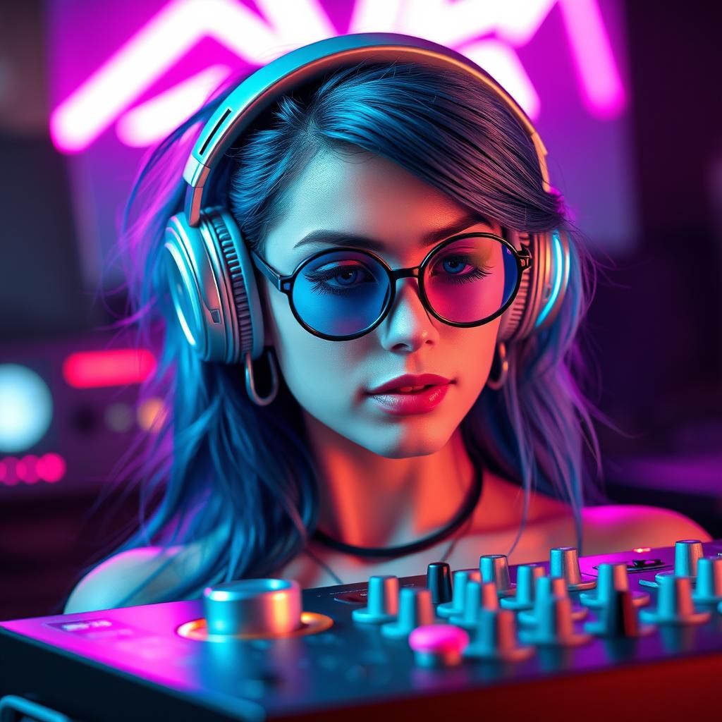 Woman DJ with Braided Hair in Synthwave Style