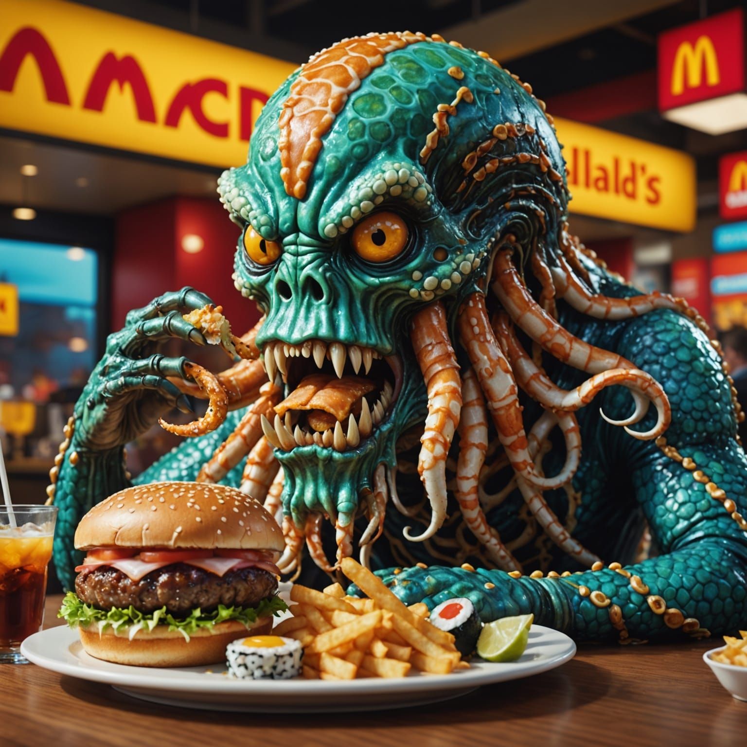 Kraken Devours Burger with Sushi at McDonald's in Hyperreali...
