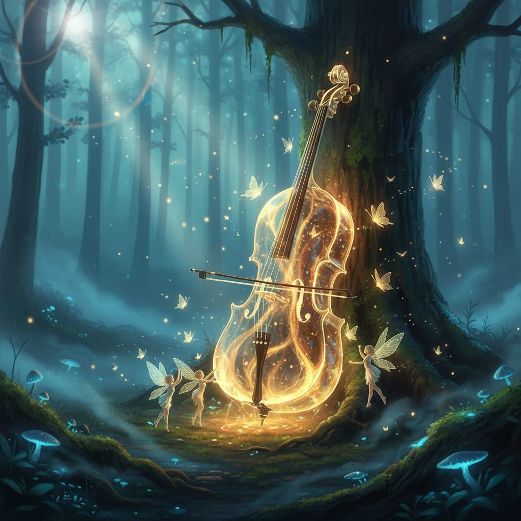 Glowing Glass Cello in Enchanted Forest Clearing