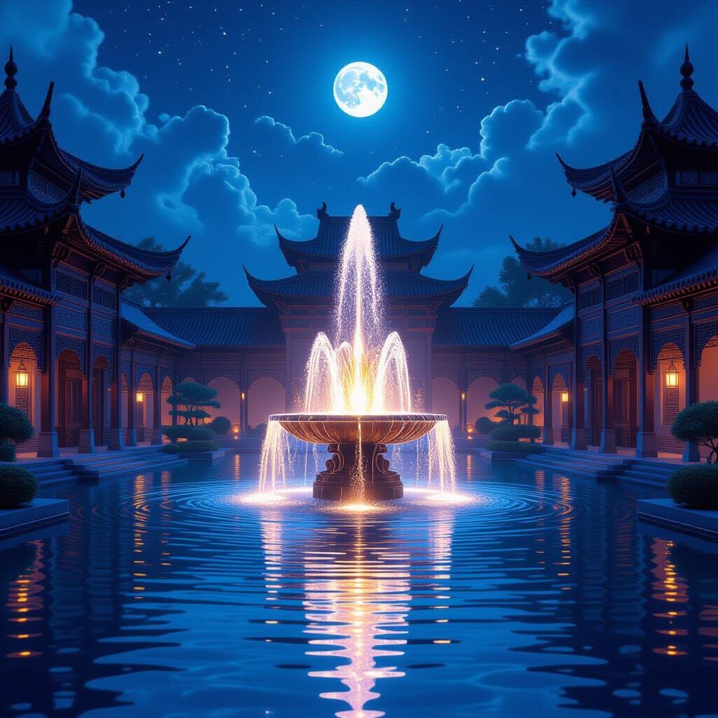 Glowing Fountain Reflects Night Sky in Courtyard