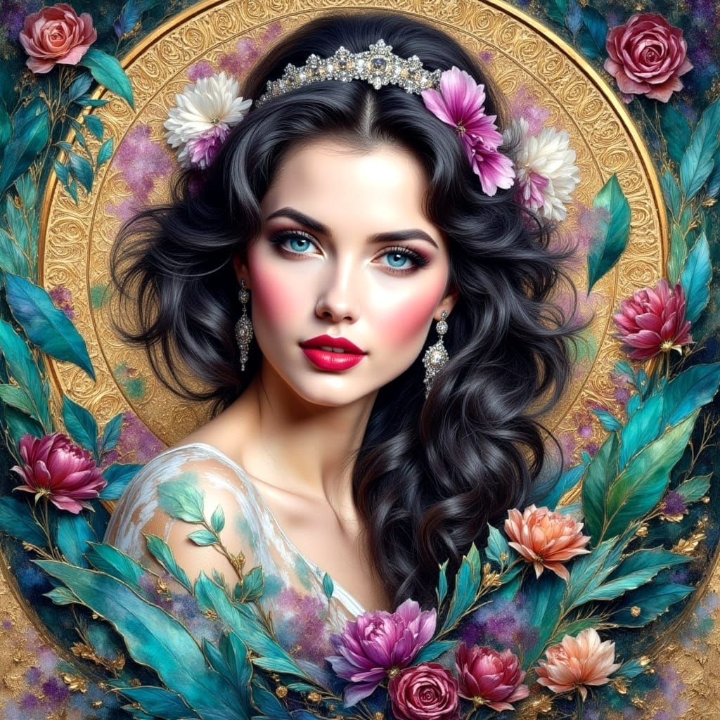 Mysterious Woman with Art Deco Jewelry in Watercolor Style