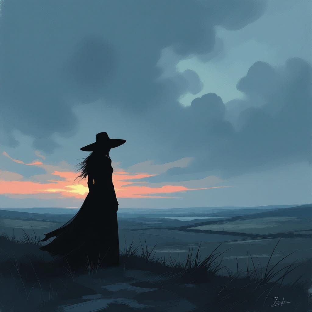 Gothic Figure on Windswept Plain in Twilight