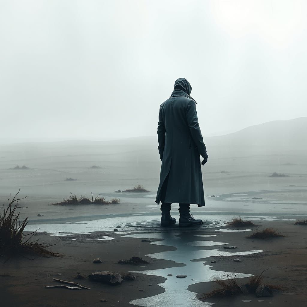 Lonely Figure in Winter Rain: Watercolor Dystopian Landscape