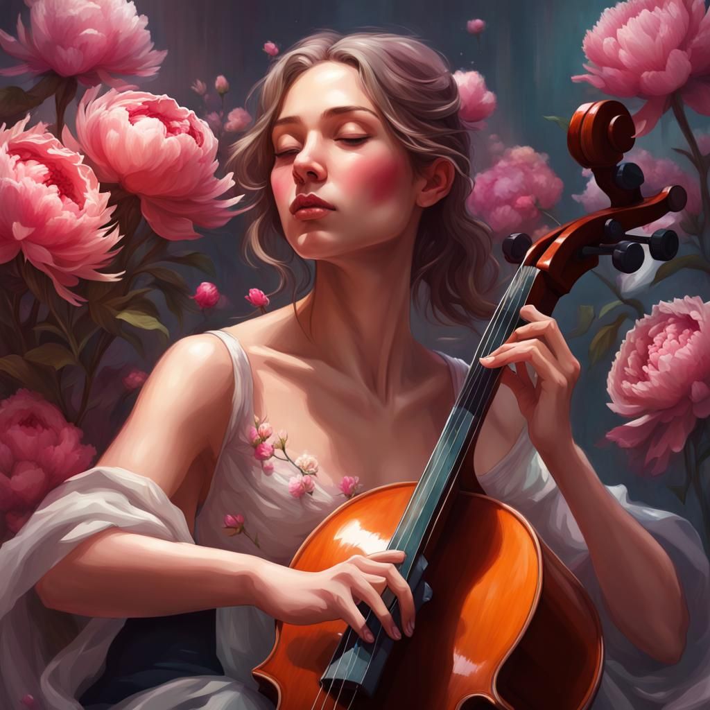 Girl with Peony Cello: Art Nouveau Portrait
