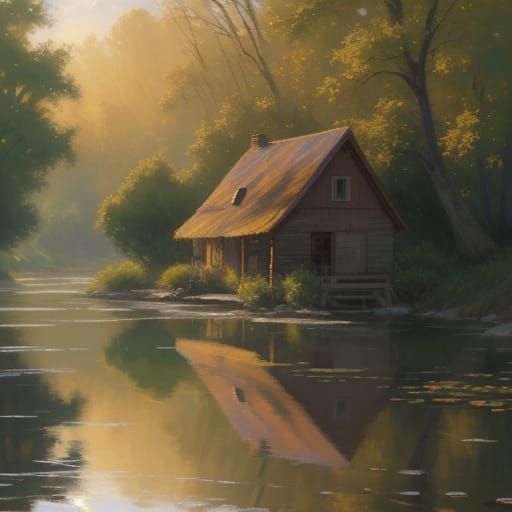 Whimsical Oil Painting of a Small House by a River