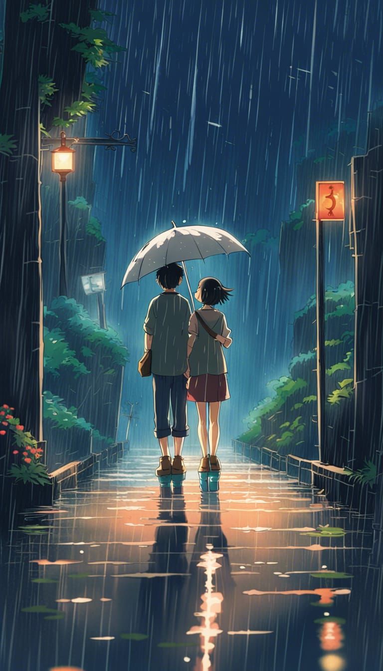 Romantic Couple in Rain, Ghibli Anime Style