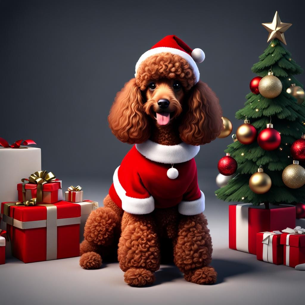 Poodle as Santa Claus Under Christmas Tree