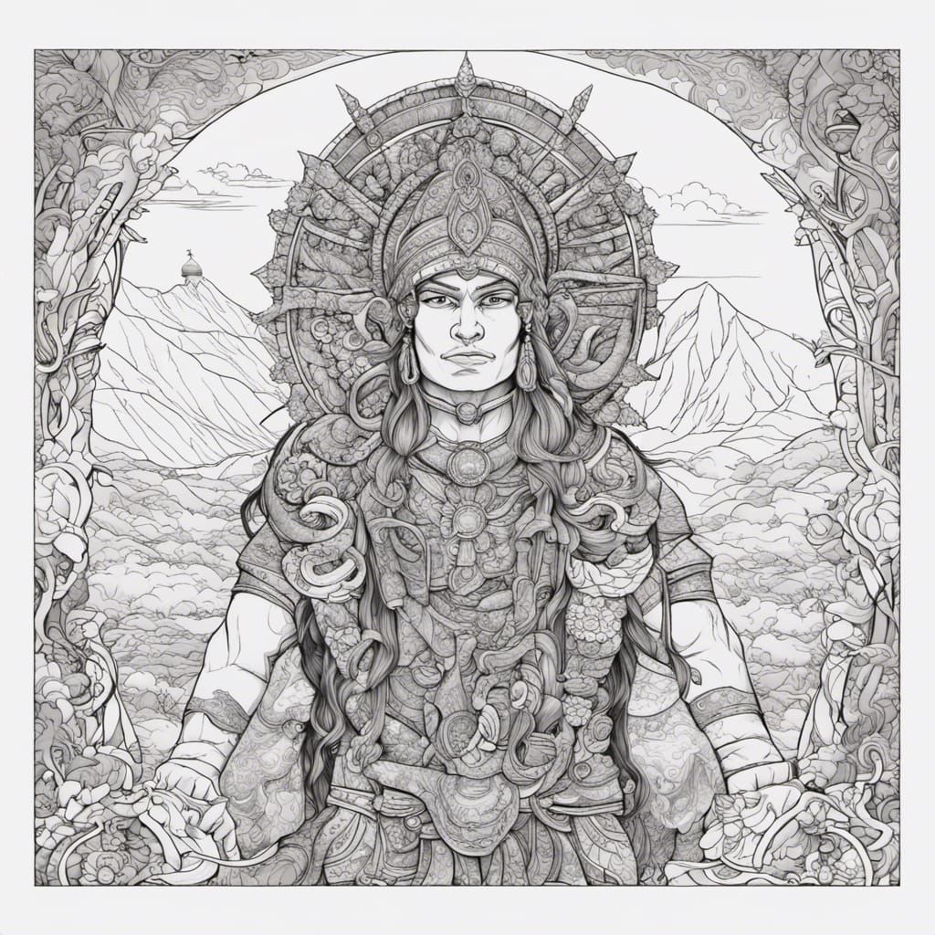 Warrior in Cloud Temple: Black and White Vector Art