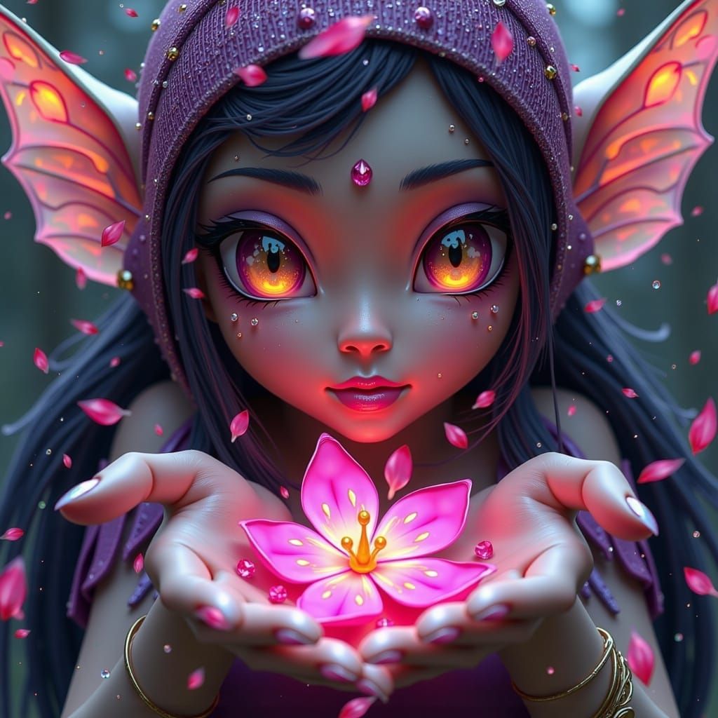 Elf with Luminous Blossom in Fantasy Cartoon Style