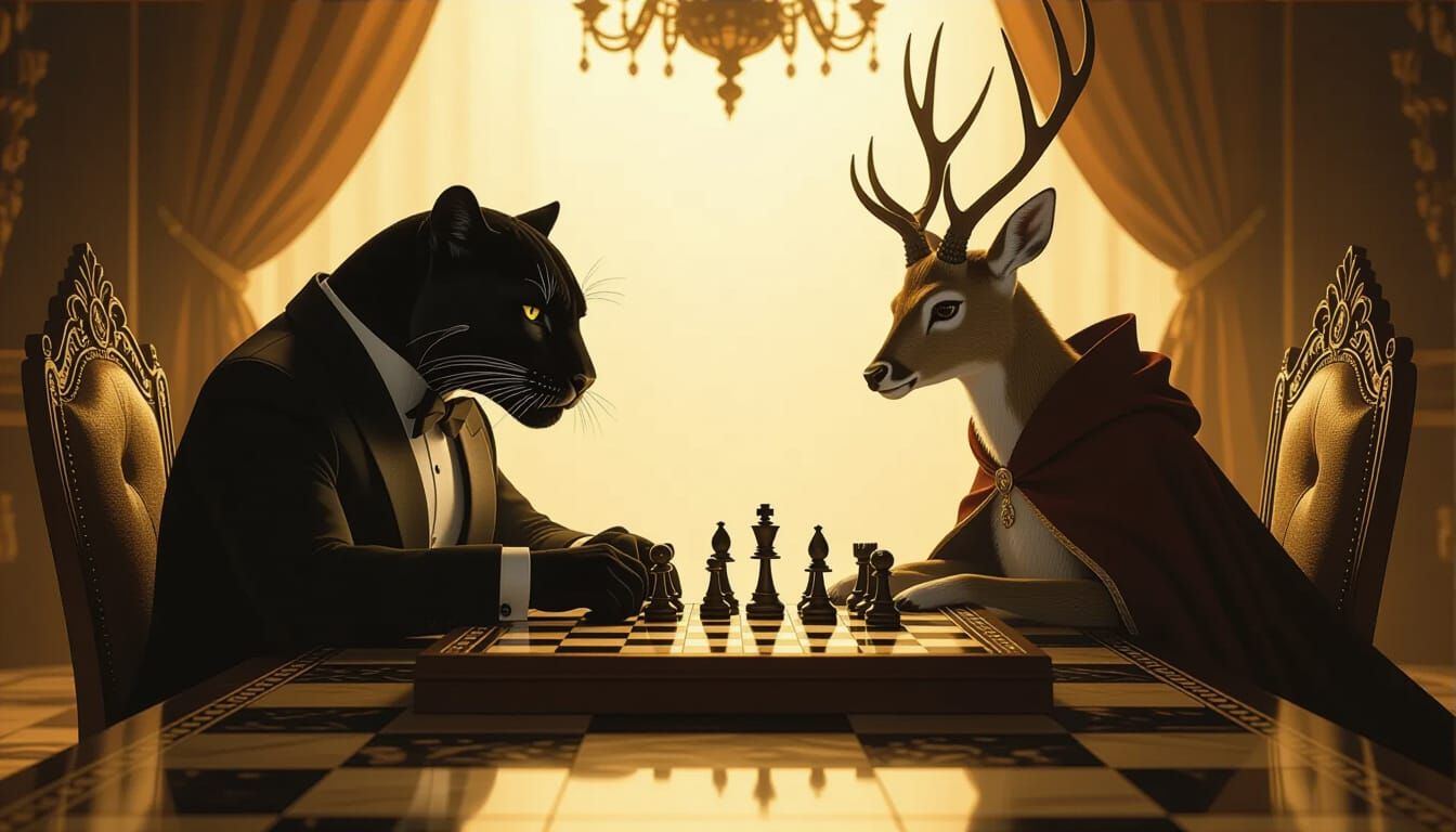 Panther and Deer Face Off on Grand Chessboard in Film Noir S...