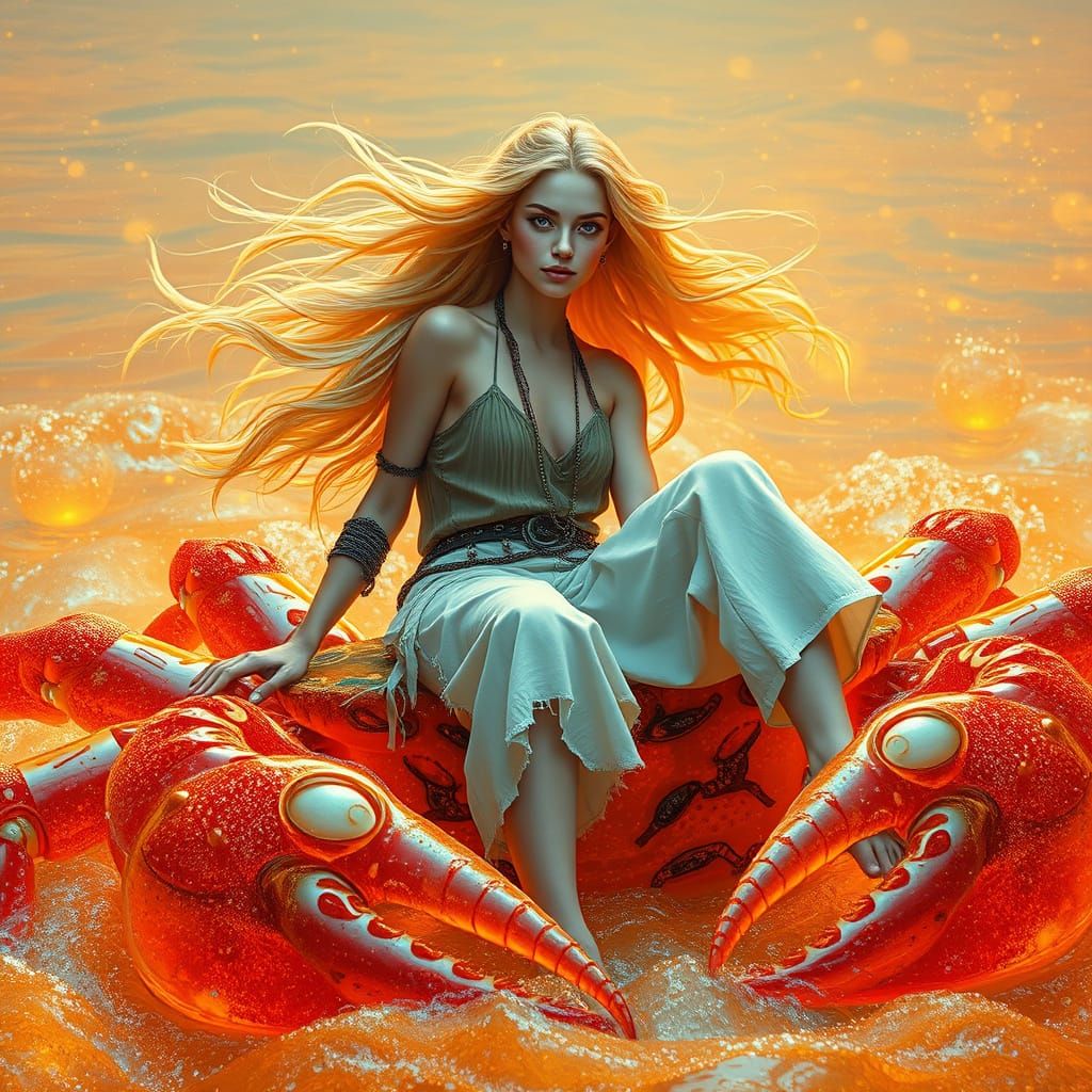 Woman on Gummy Crab in Effervescent Soda Sea