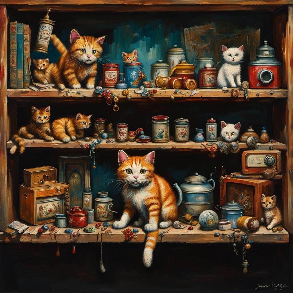Nostalgic Oil Painting of Abandoned Toy Cat