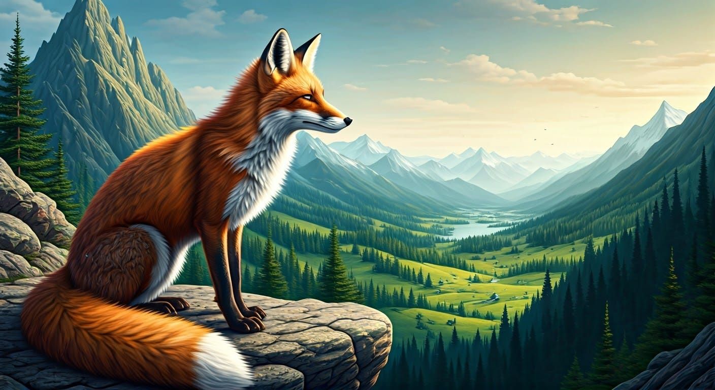 Mountain Fox Overlooking Emerald Landscape in Fantasy Style