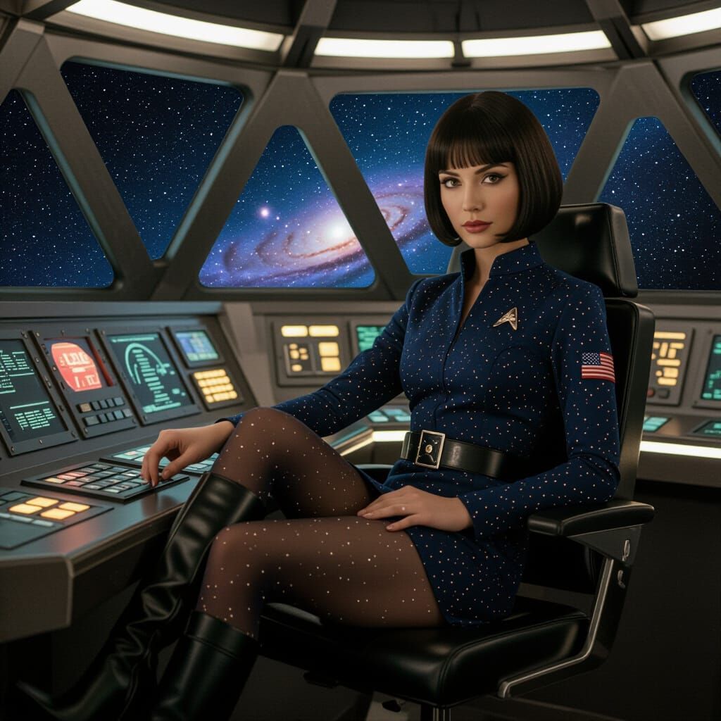 Woman at Starship Helm in Futuristic Uniform