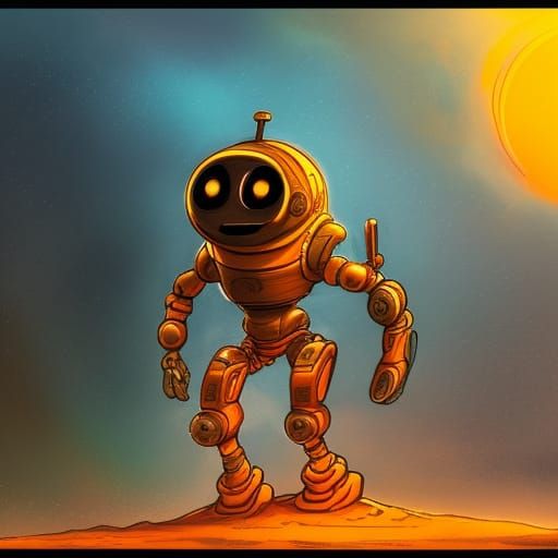 Orange Time-Traveling Robot in Machinarium Style