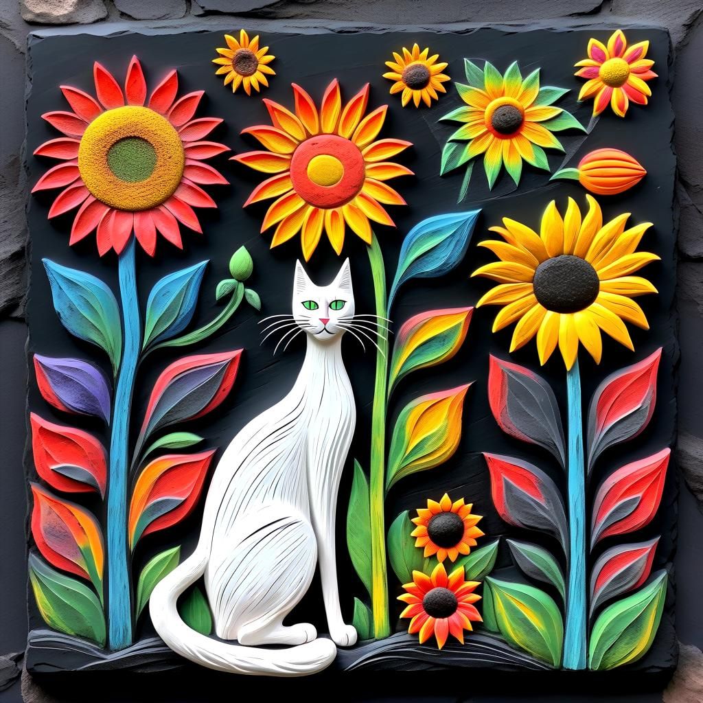 Whimsical Chalk Art: Cat, Girl, and Sunflower