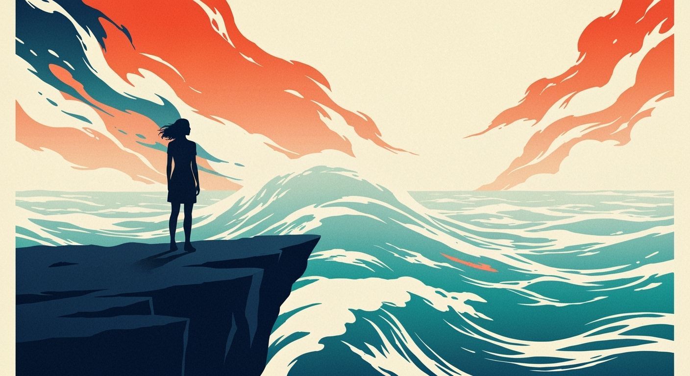 Woman on Precipice Overlooking Abstract Sea in Vintage Poste...