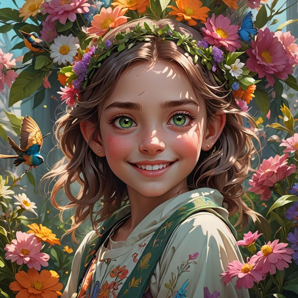 Girl with Cuckoos and Flowers: Hyperdetailed Portrait
