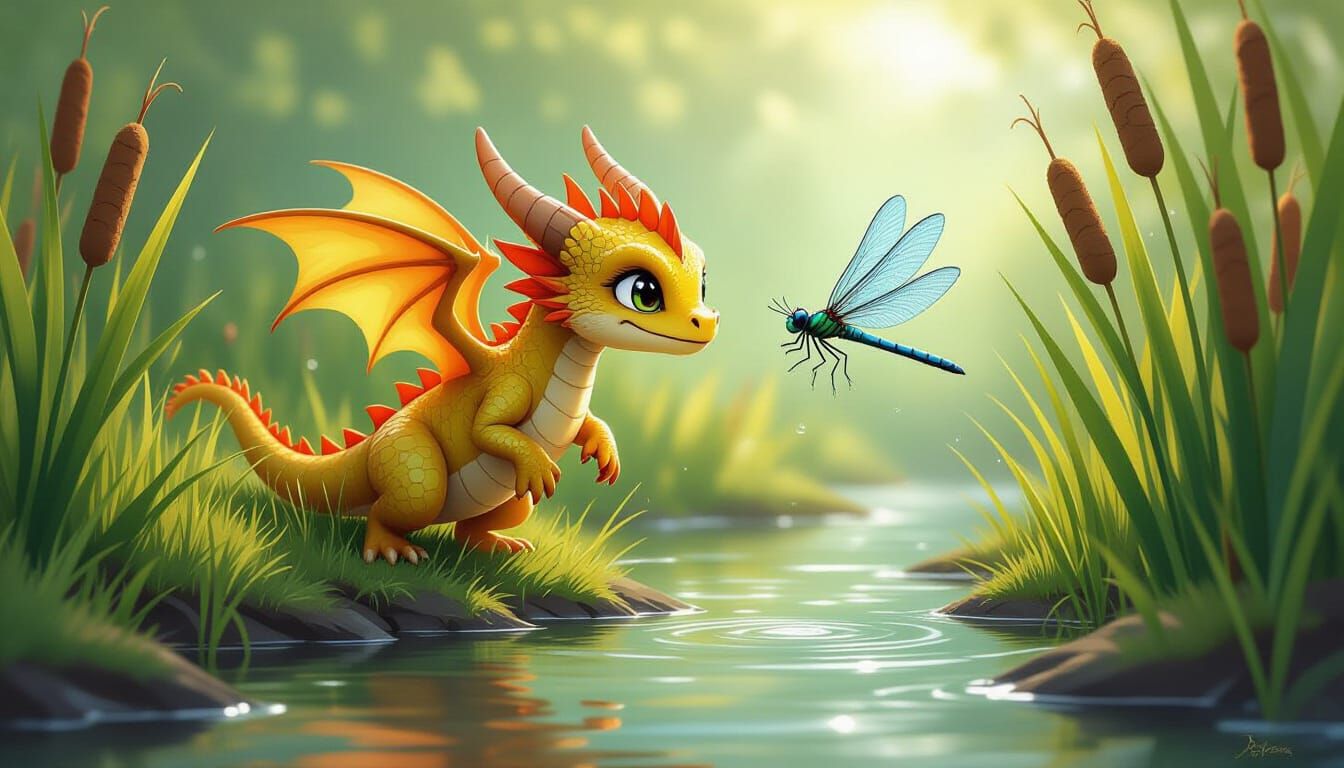 Playful Baby Dragon Chases Dragonfly in Luminous Fantasy Art