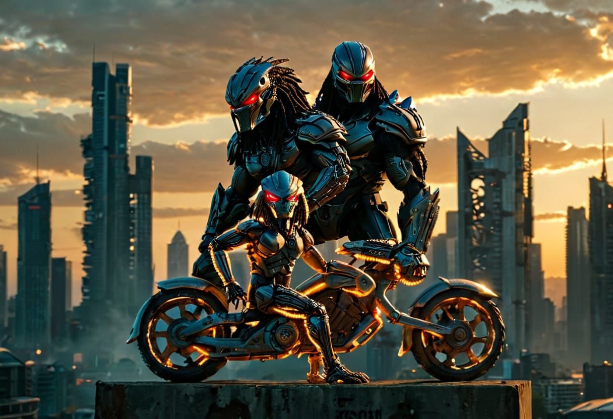 Cyberpunk Predator on Post-Apocalyptic Motorbike Amid Sunset...
