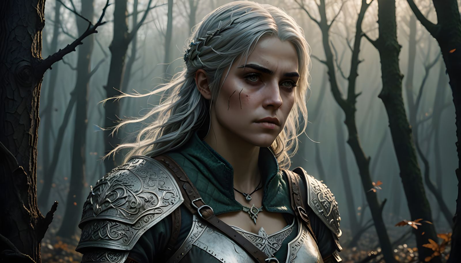 Cyberpunk Fantasy Warrior in Moonlit Forest