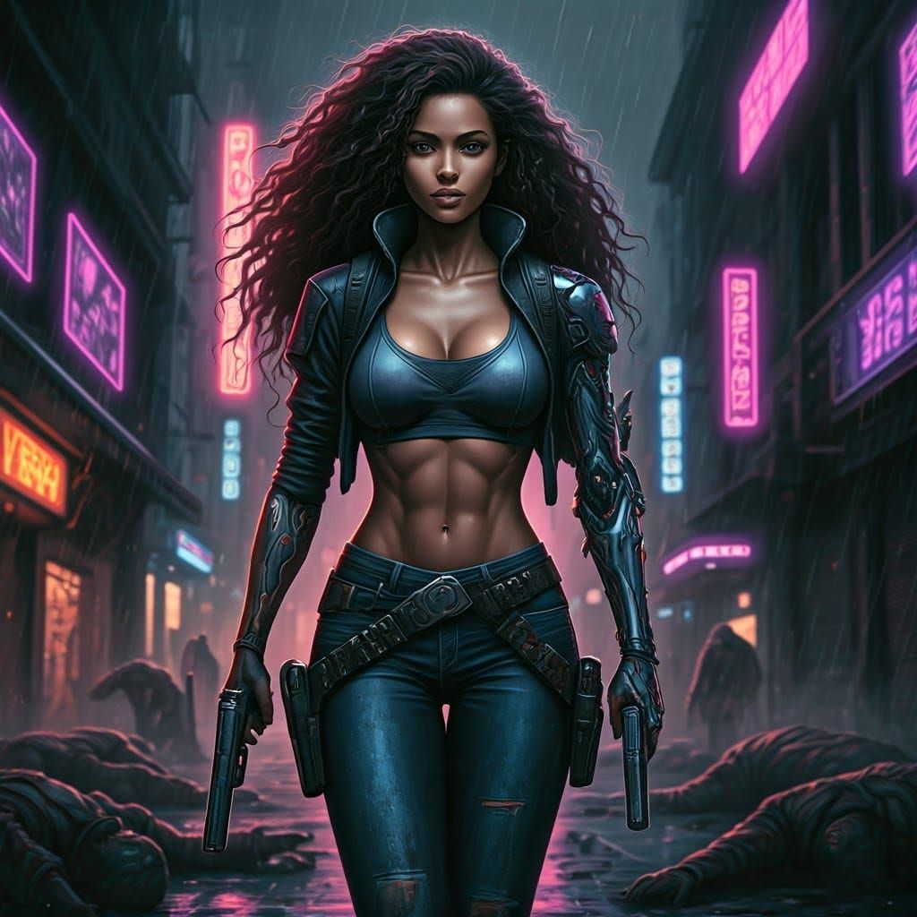 Cyberpunk Lady of Death in Dystopian Cityscape