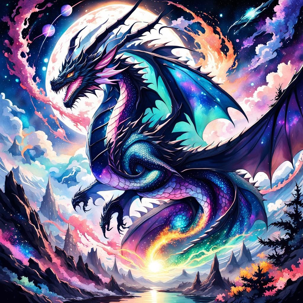 Anime Dragon Wrapped Around Earth in Space