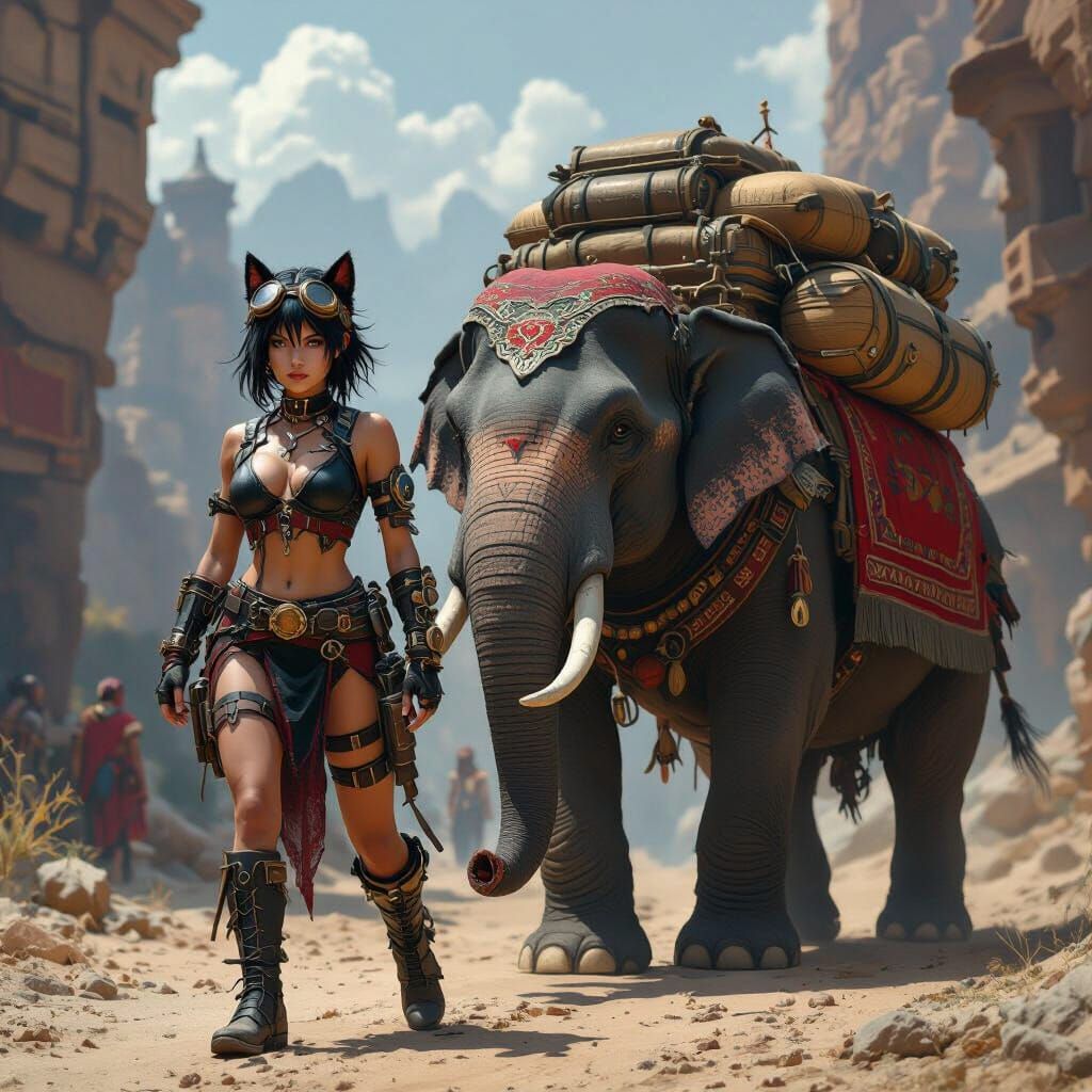 Fantasy Warrior Leads Elephant Past Ancient Ruin in Jungle