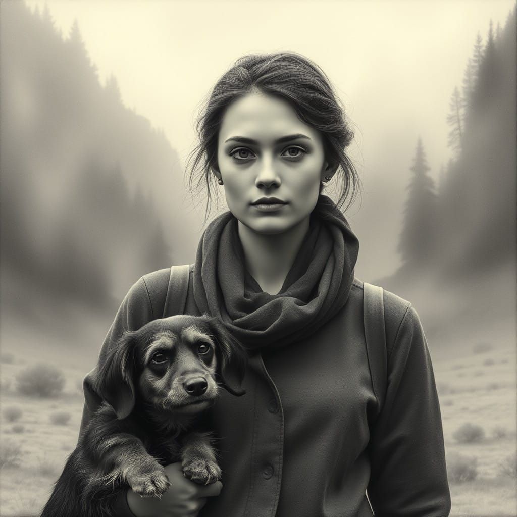 Serene Woman in Misty Landscape with Dachshund, in Charcoal....