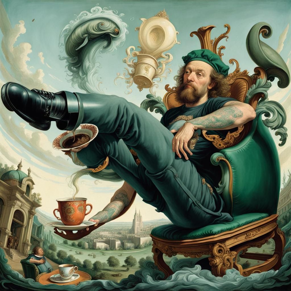 Man in Coffee T-Shirt in Dürer Painting Style