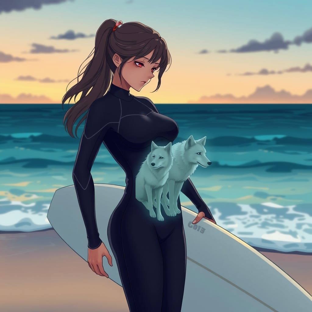 Ethereal Wolf Spirits Emerge from a Surfer's Belly in a Vibr...