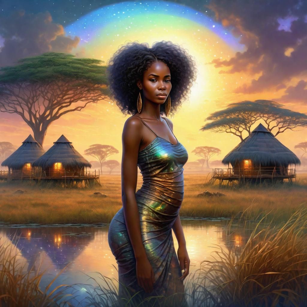 African Woman in Savanna: Holographic Astral Illustration