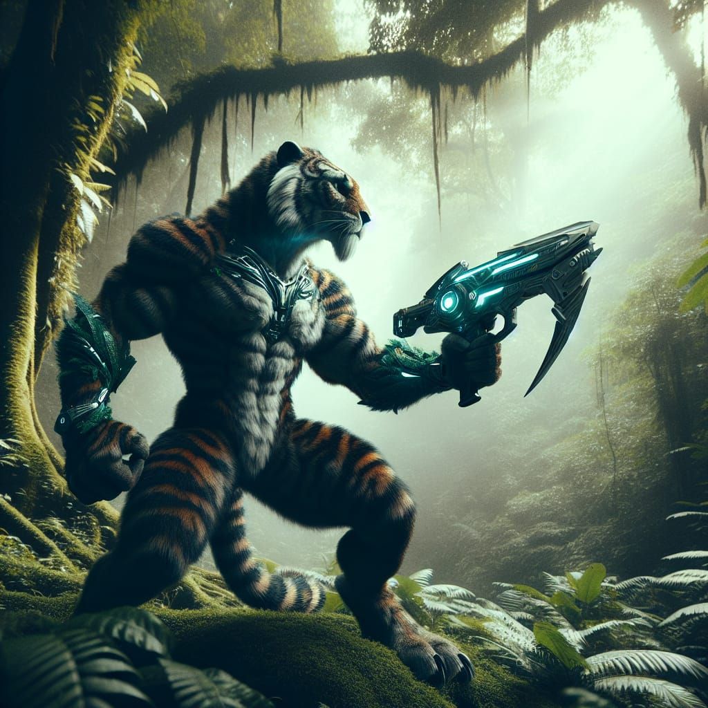 Futuristic Saber-Toothed Tiger Warrior in Jungle Clearing