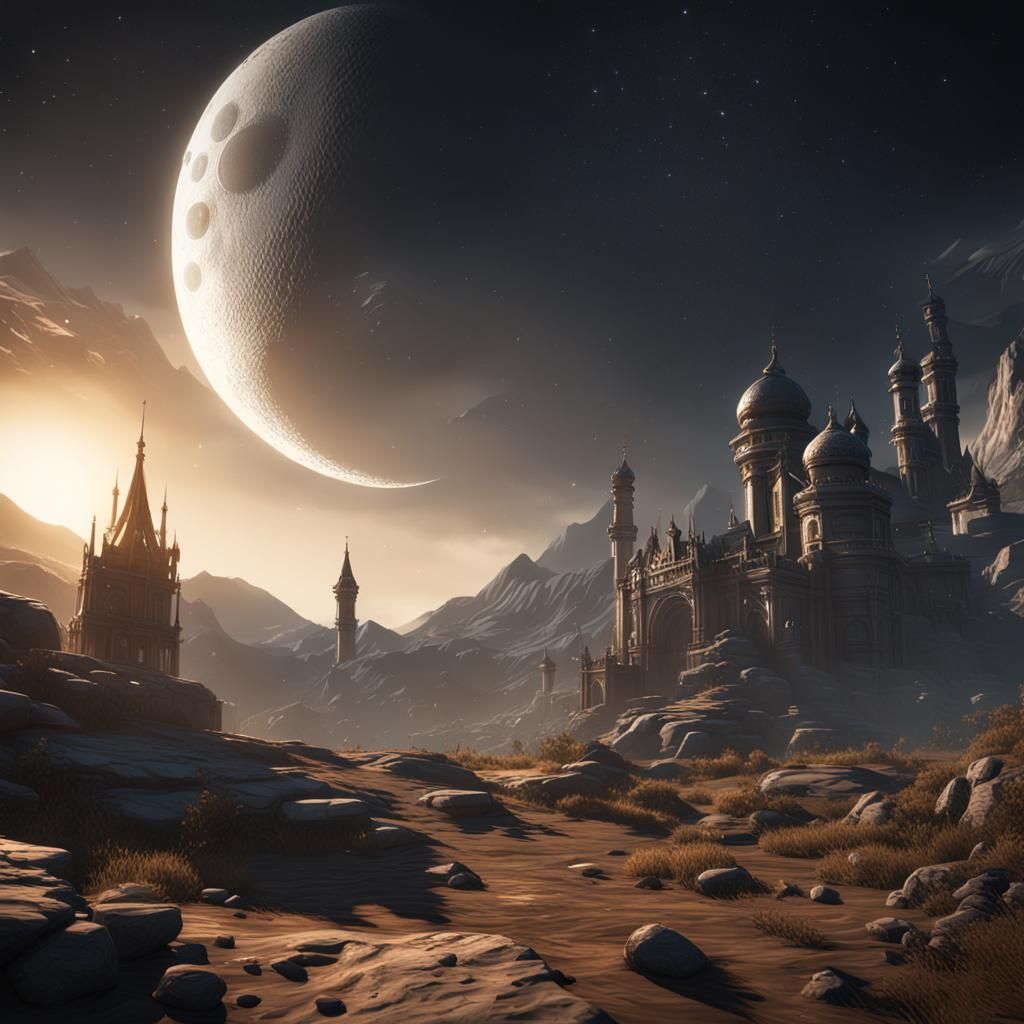 Crescent Moon in Epic 3D Game Cinematic Style
